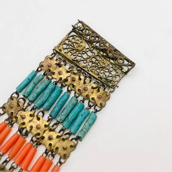 Rare Vintage Egyptian Revival Faience brass filigree bracelet - Picture 10 of 16